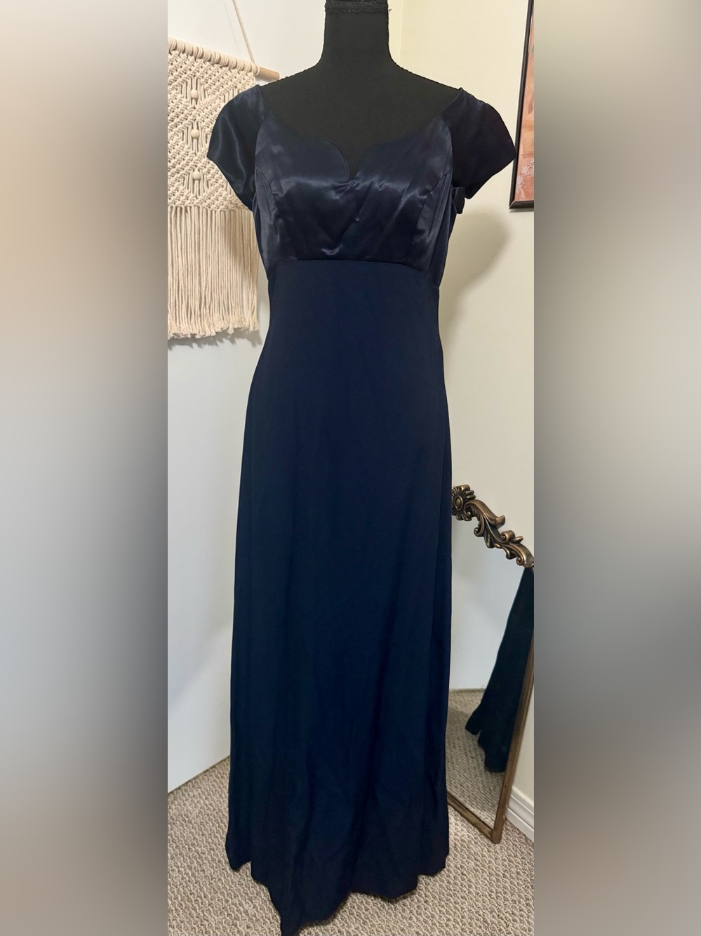 Vintage Alfred Angelo Navy Satin-Bodice Maxi Gown
